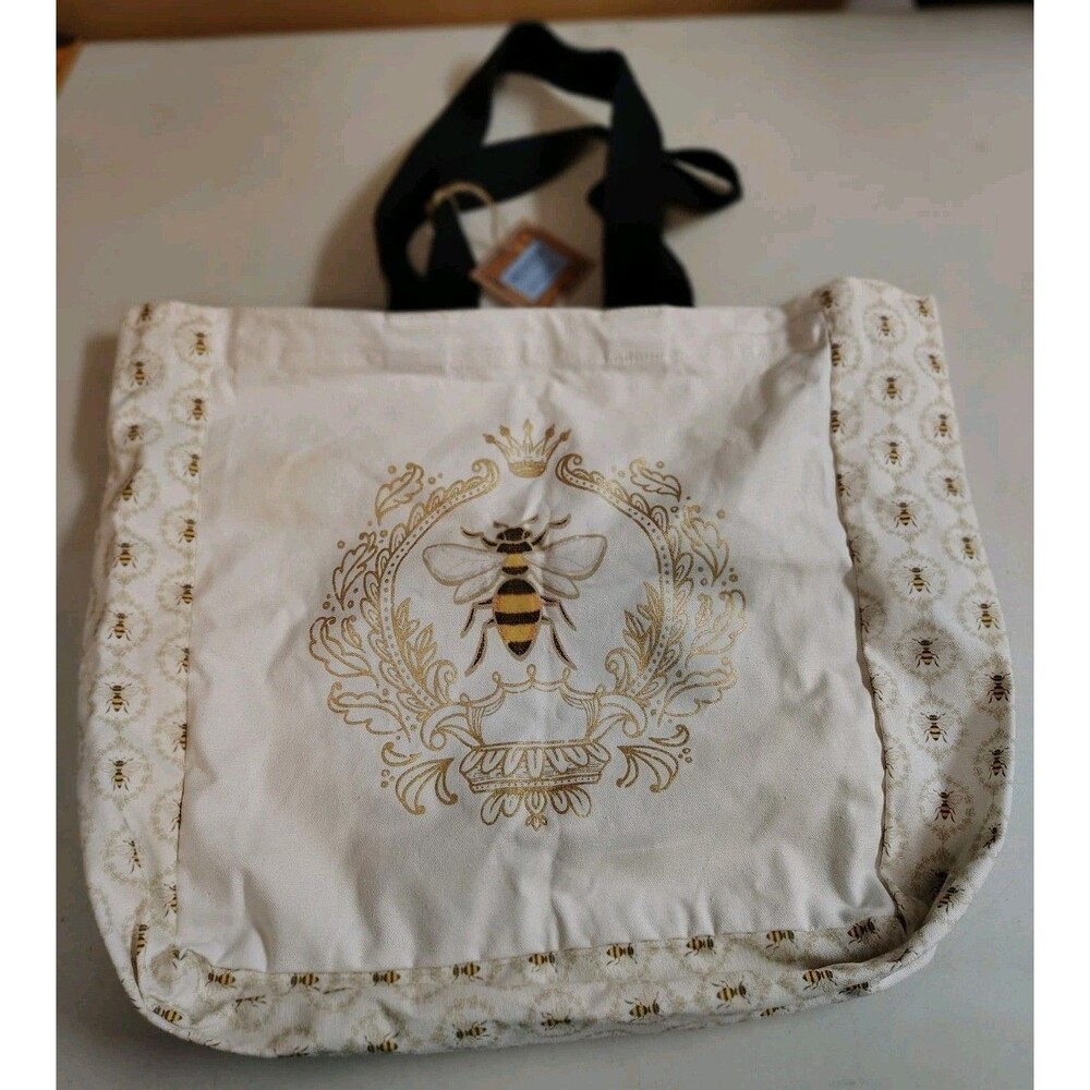 NWT Begonia Market Queen Bee Canvas Tote Bag Gold Metallic Honeycomb Reusable - Picture 11 of 12